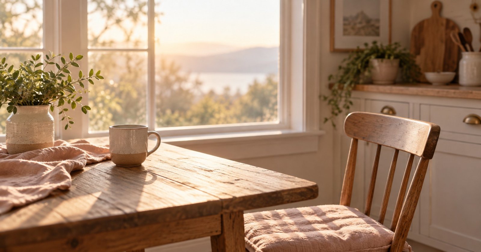Sunlit kitchen table with a mug and an empty chair by a window
